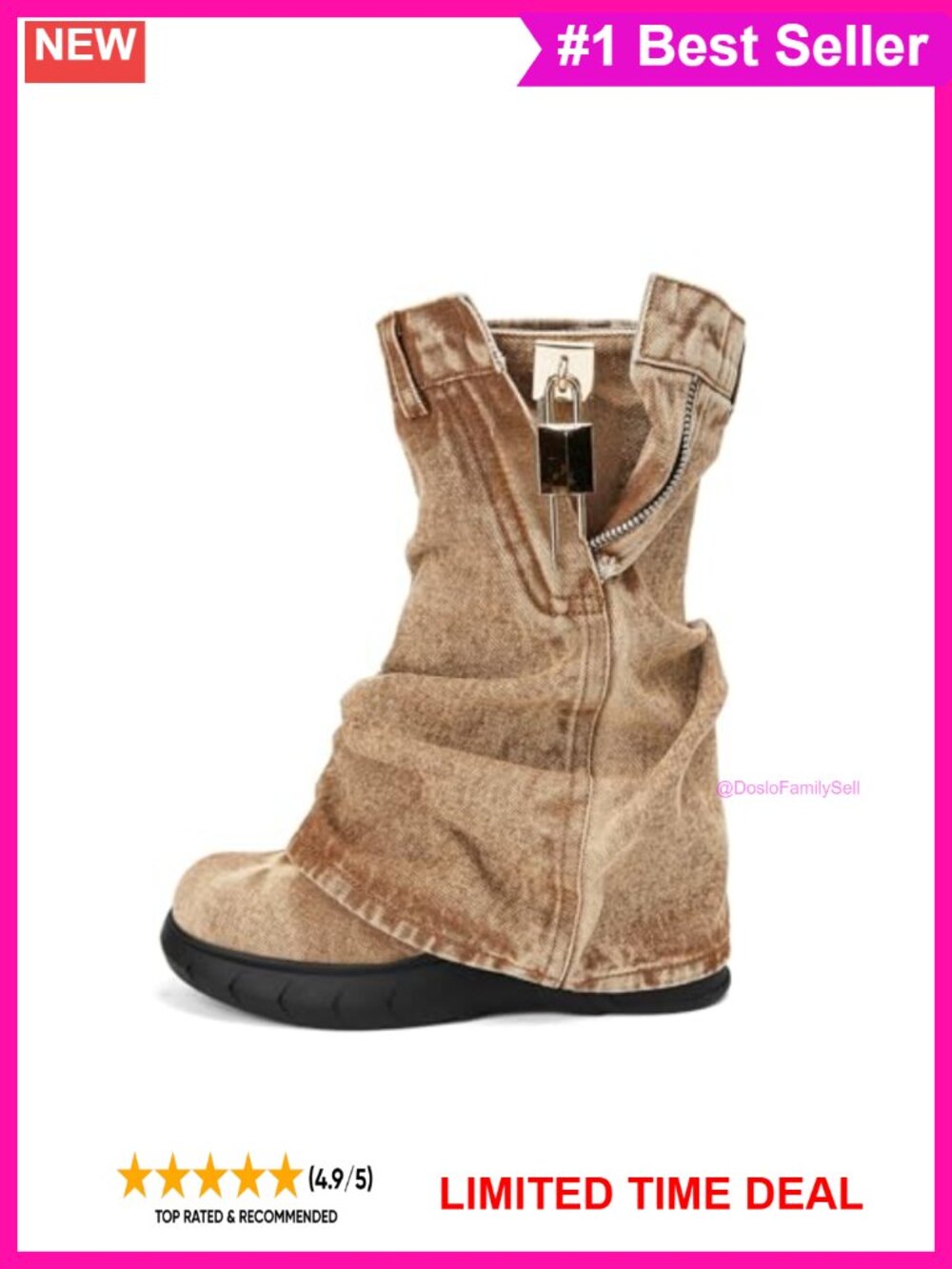 Washed Denim Fold-Over Platform Boots Side Zipper Metal Lock Chunky Mid Calf